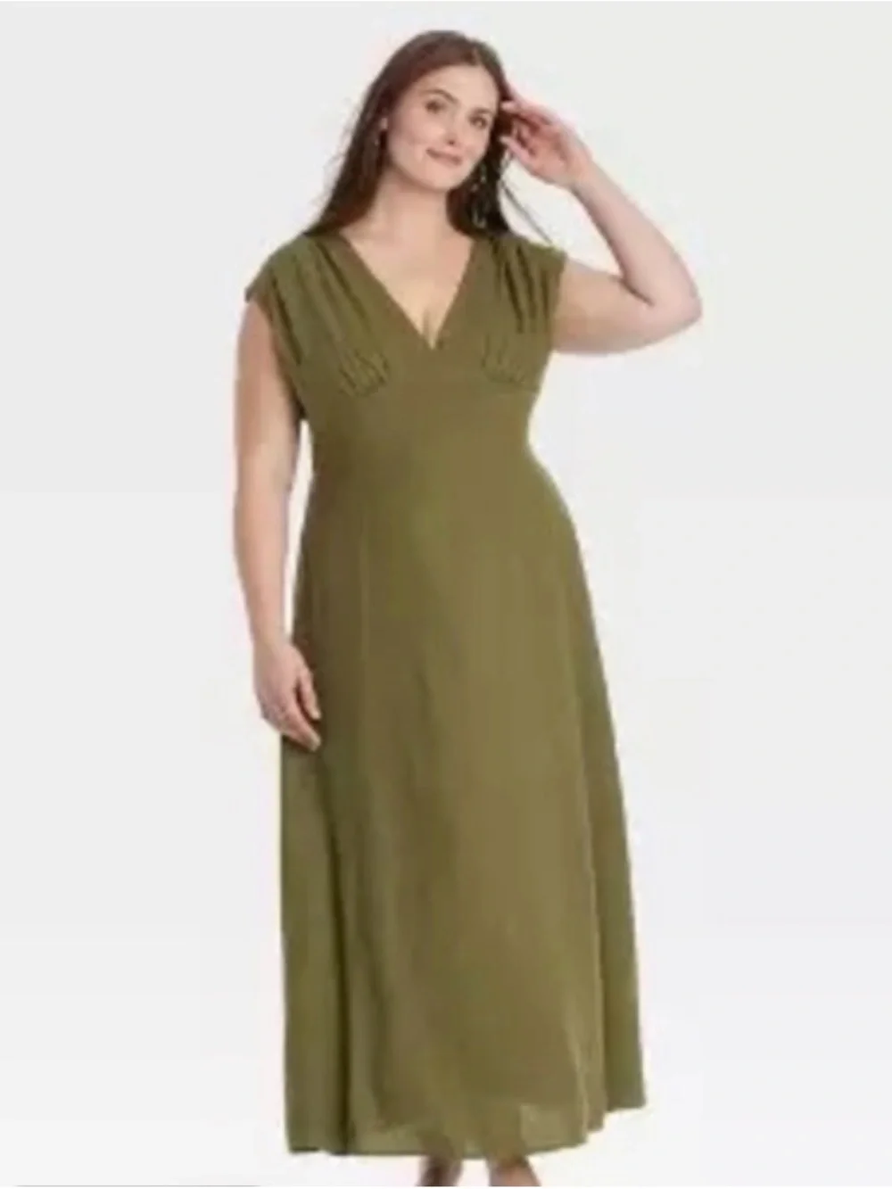 Olive Green Linen V-Neck Smocked Maxi Dress Universal Thread